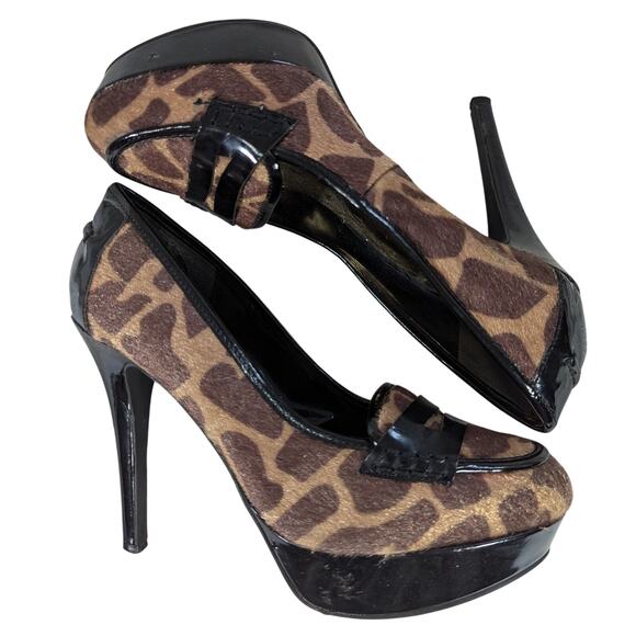 NINE WEST! BLACK & BROWN COWHIDE & PATENT LEATHER LOAFER TOE HEELS, PUMPS! SZ 8 - Picture 1 of 10